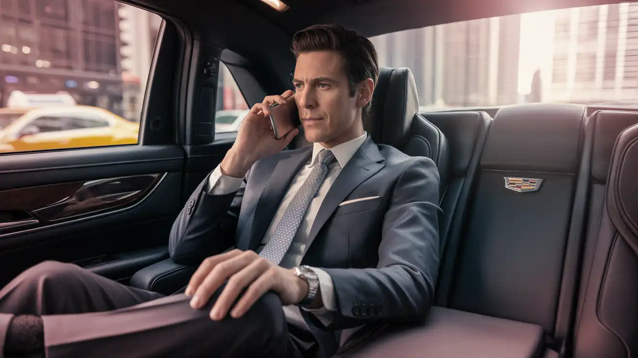 business man riding in back seat